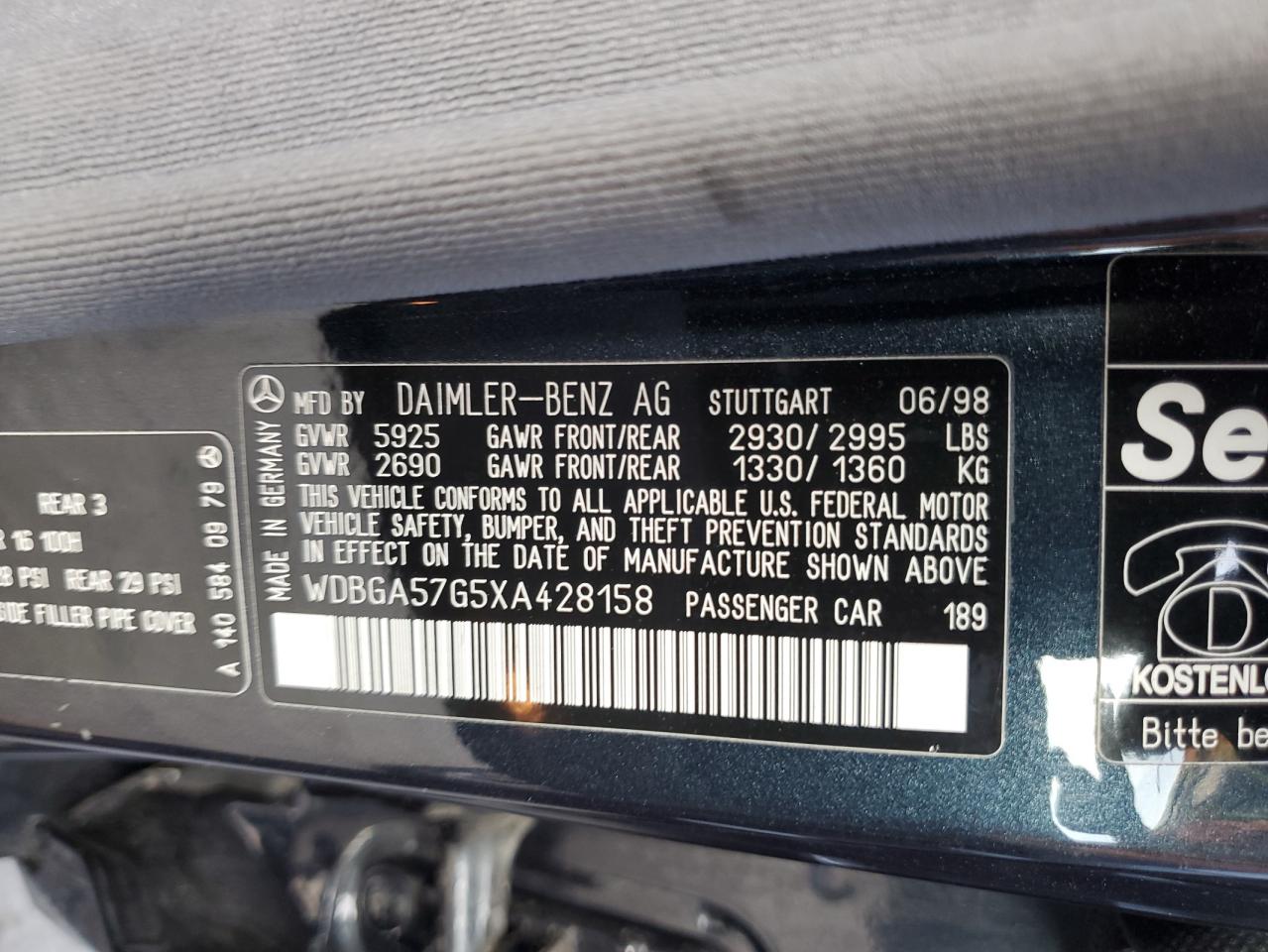 1999 Mercedes-Benz S 600 VIN: WDBGA57G5XA428158 Lot: 65543515