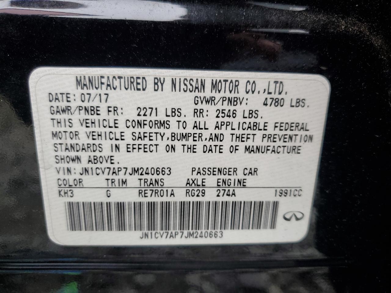 JN1CV7AP7JM240663 2018 Infiniti Q50 Pure