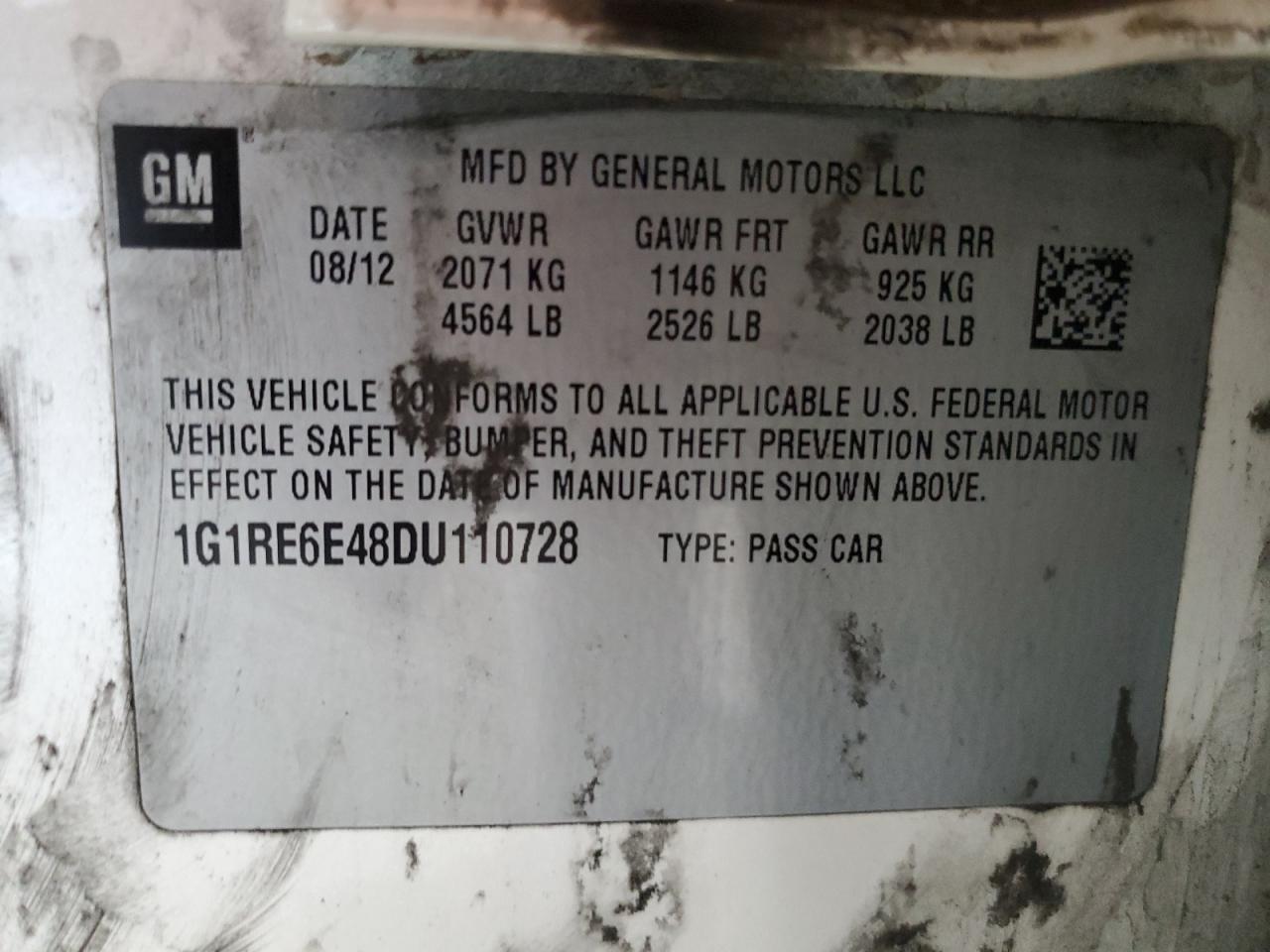 2013 Chevrolet Volt VIN: 1G1RE6E48DU110728 Lot: 64694695