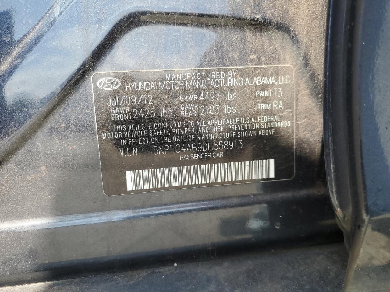 2013 Hyundai Sonata Se VIN: 5NPEC4AB9DH558913 Lot: 64828195