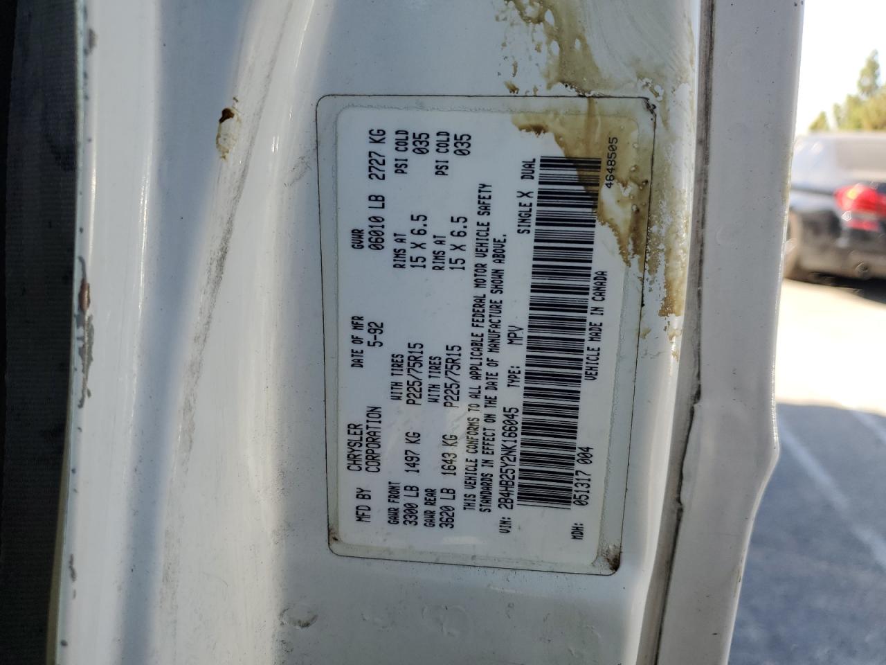 1992 Dodge Ram Wagon B250 VIN: 2B4HB25Y2NK166045 Lot: 64503405