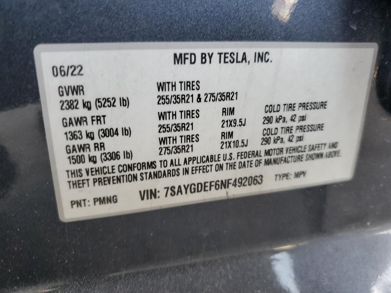 2022 Tesla Model Y VIN: 7SAYGDEF6NF492063 Lot: 66075985