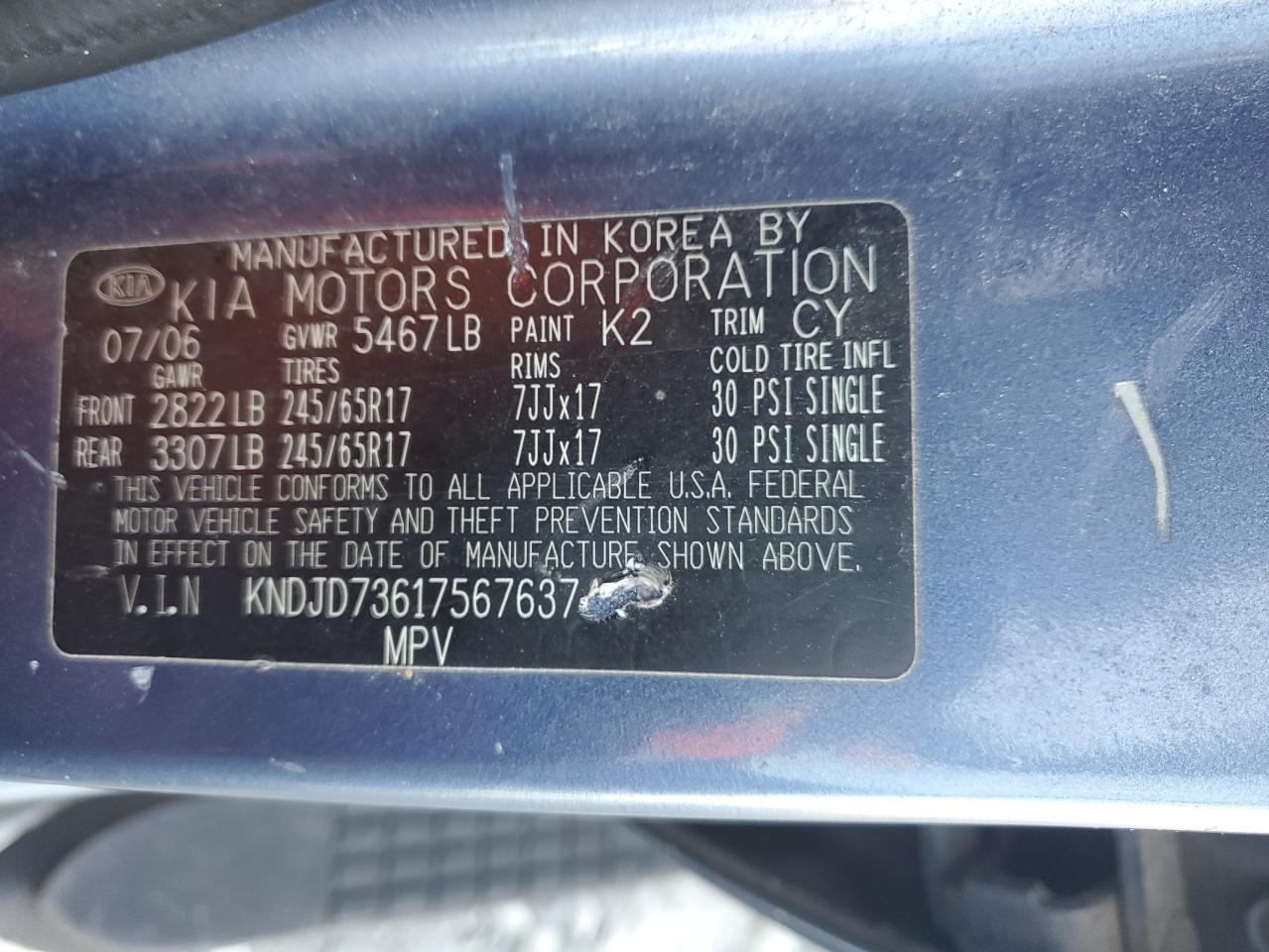 2007 Kia Sorento Ex VIN: KNDJD736175676374 Lot: 64263955