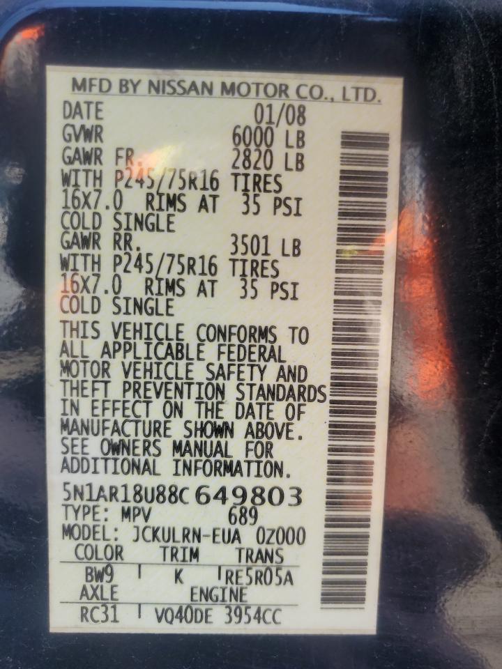 2008 Nissan Pathfinder S VIN: 5N1AR18U88C649803 Lot: 63018325