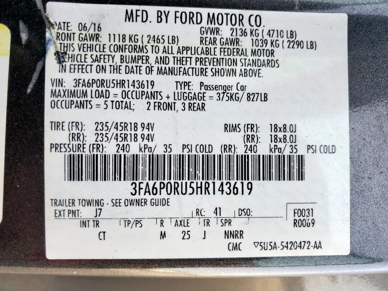 2017 Ford Fusion Titanium Hev VIN: 3FA6P0RU5HR143619 Lot: 65178535