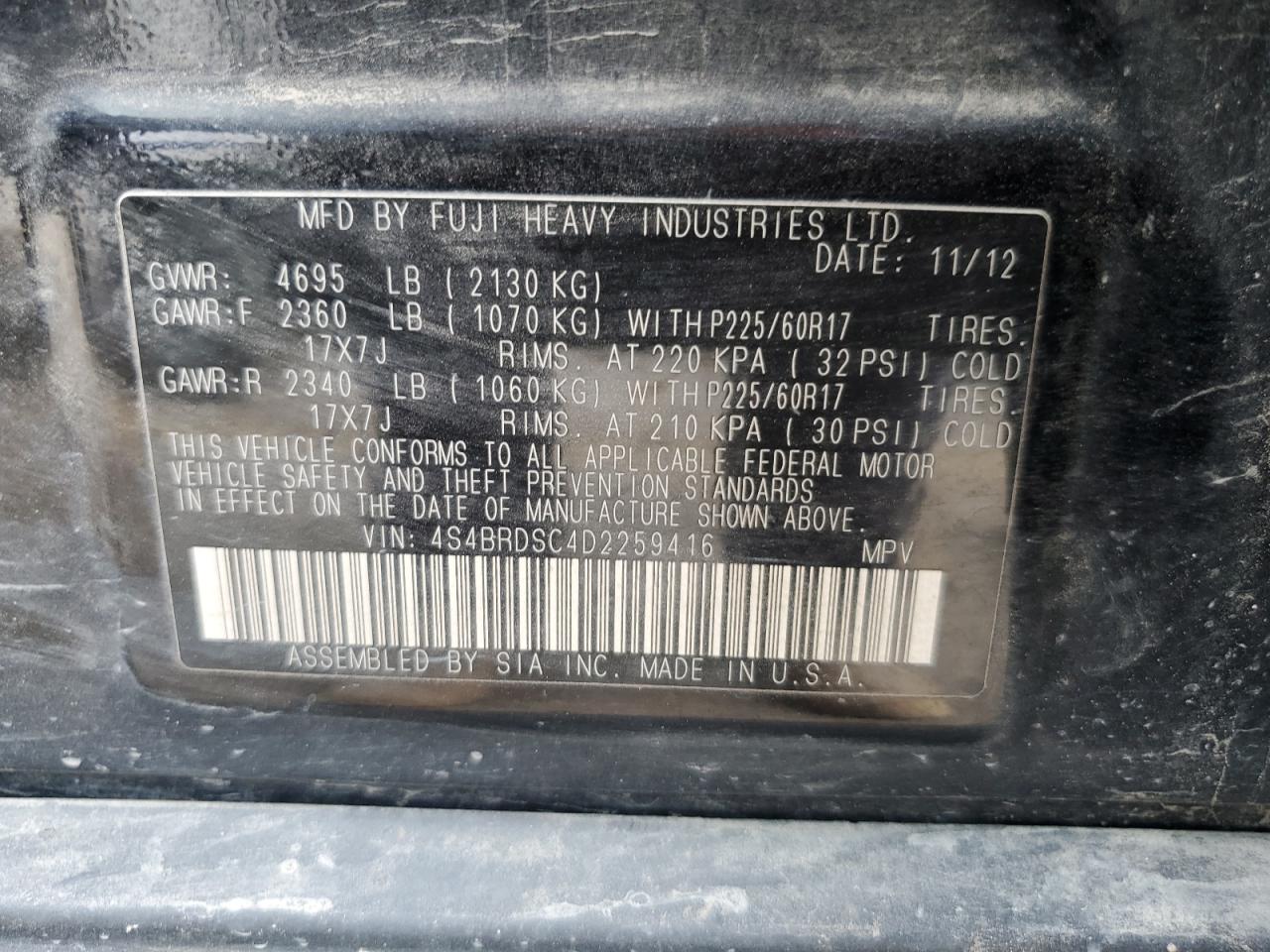 2013 Subaru Outback 3.6R Limited VIN: 4S4BRDSC4D2259416 Lot: 66872415