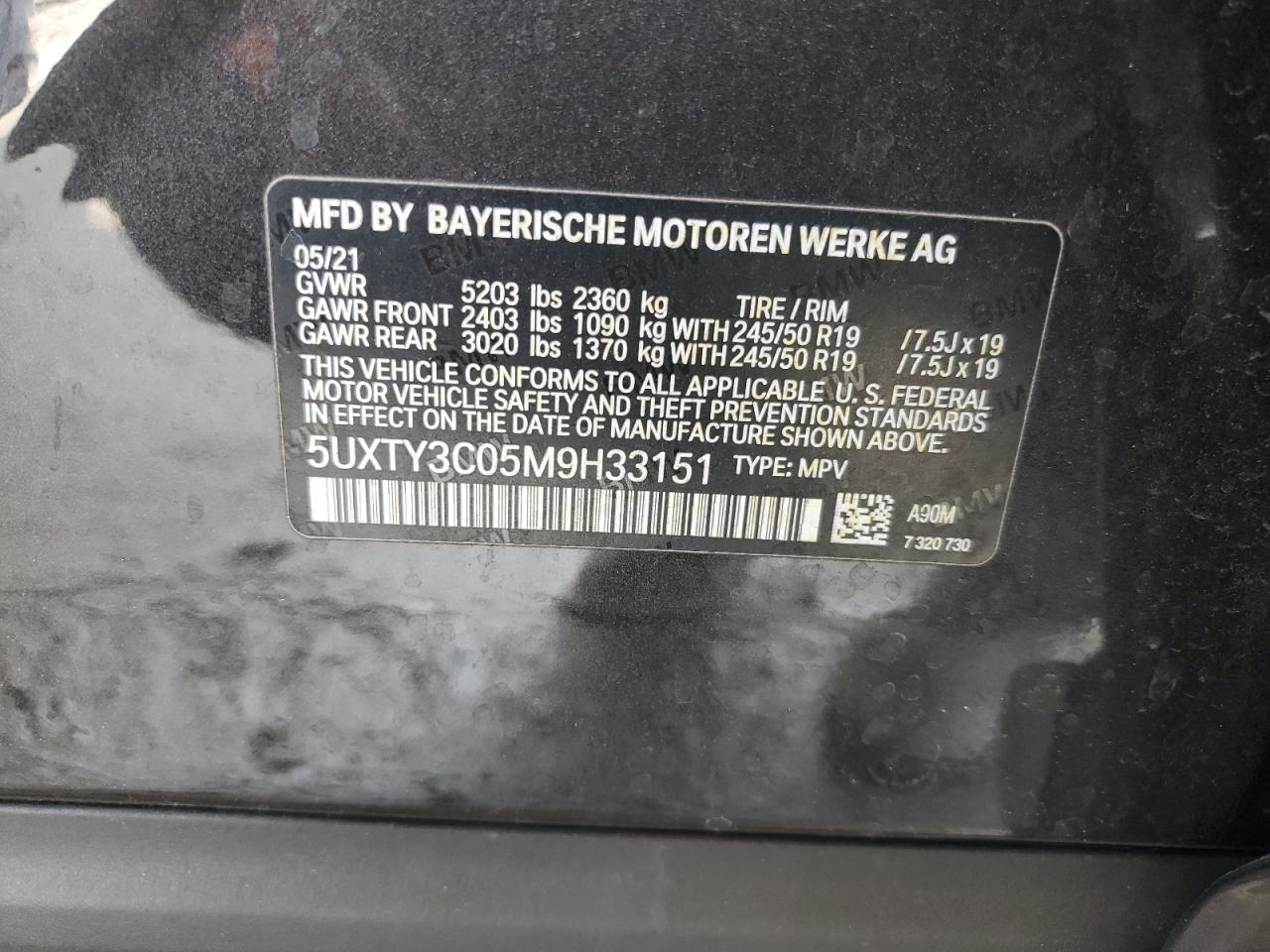 2021 BMW X3 Sdrive30I VIN: 5UXTY3C05M9H33151 Lot: 66904135