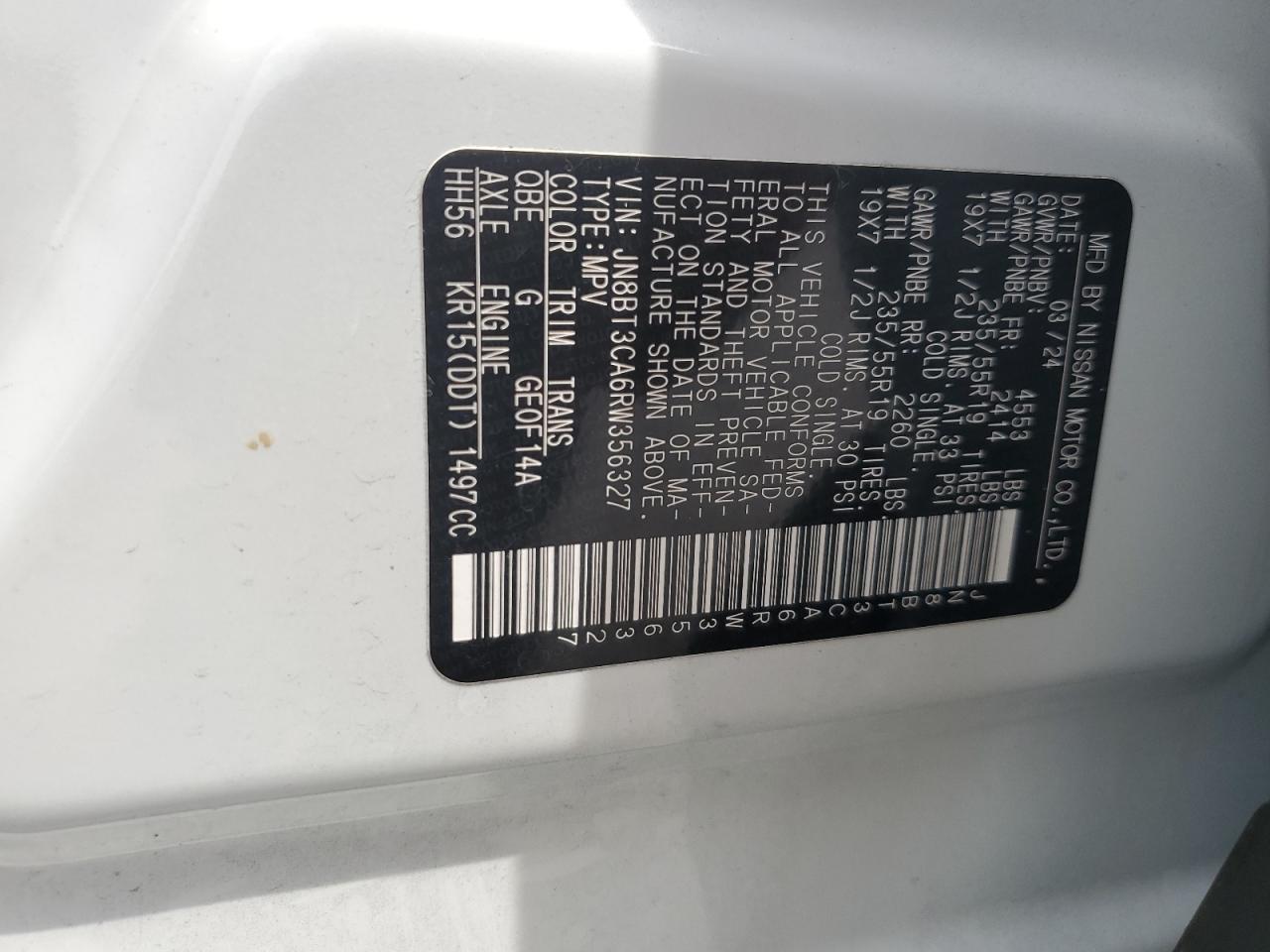 2024 Nissan Rogue Sl VIN: JN8BT3CA6RW356327 Lot: 64797345