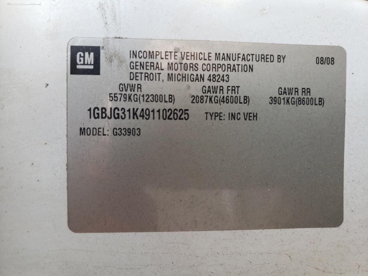 2009 Chevrolet Express G3500 VIN: 1GBJG31K491102625 Lot: 64618535