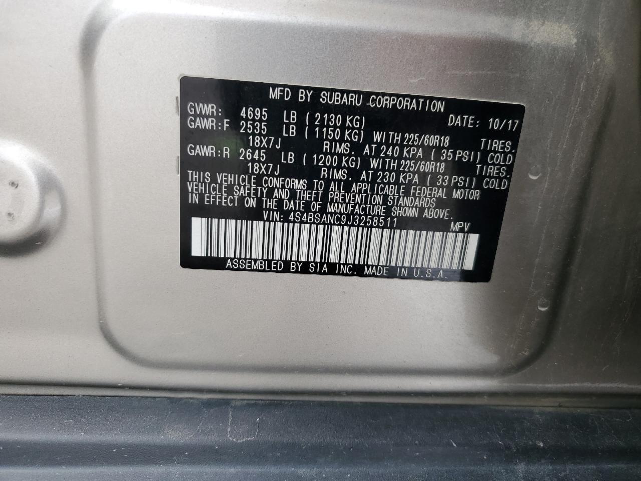 2018 Subaru Outback 2.5I Limited VIN: 4S4BSANC9J3258511 Lot: 62300315