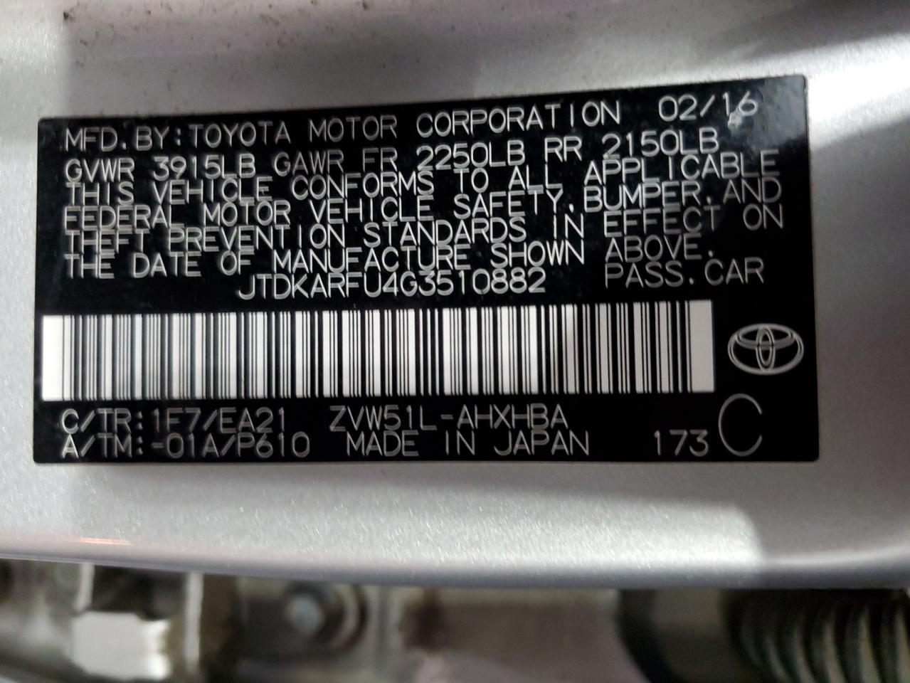 2016 Toyota Prius VIN: JTDKARFU4G3510882 Lot: 63097845