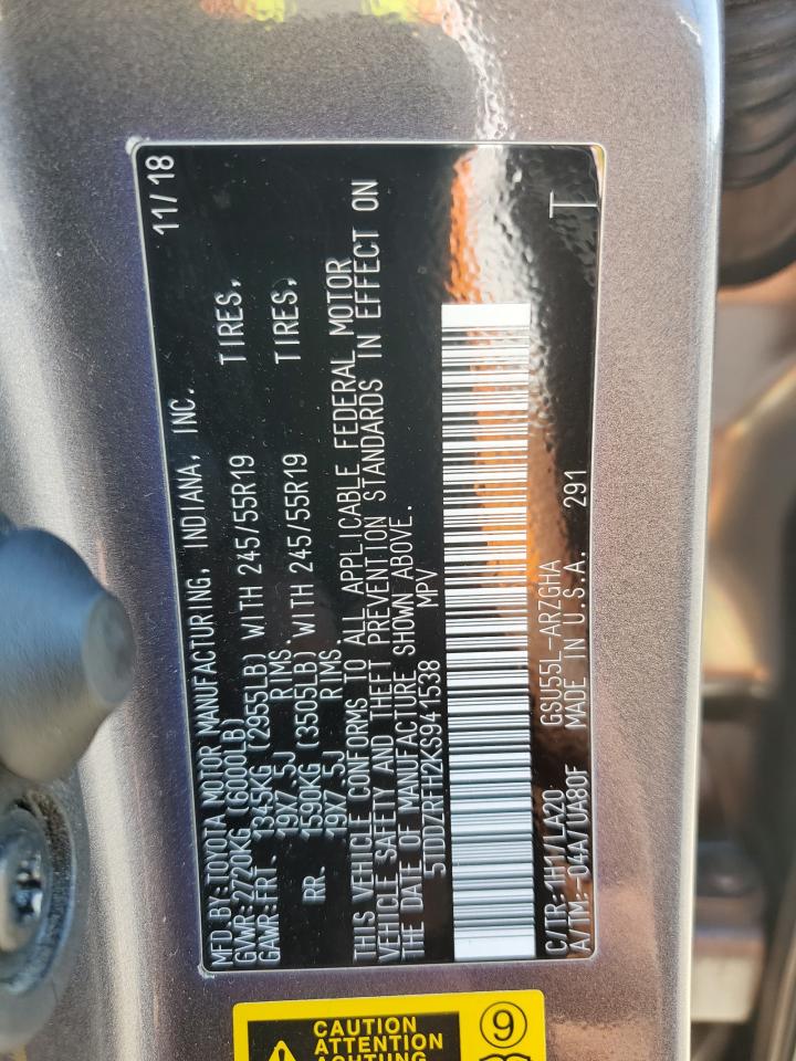 2019 Toyota Highlander Limited VIN: 5TDDZRFH2KS941538 Lot: 64896355