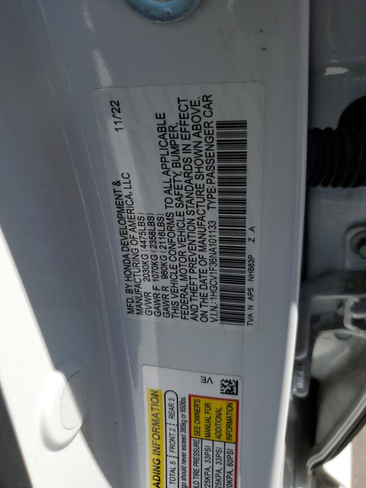 2022 Honda Accord Sport VIN: 1HGCV1F36NA101133 Lot: 63713935