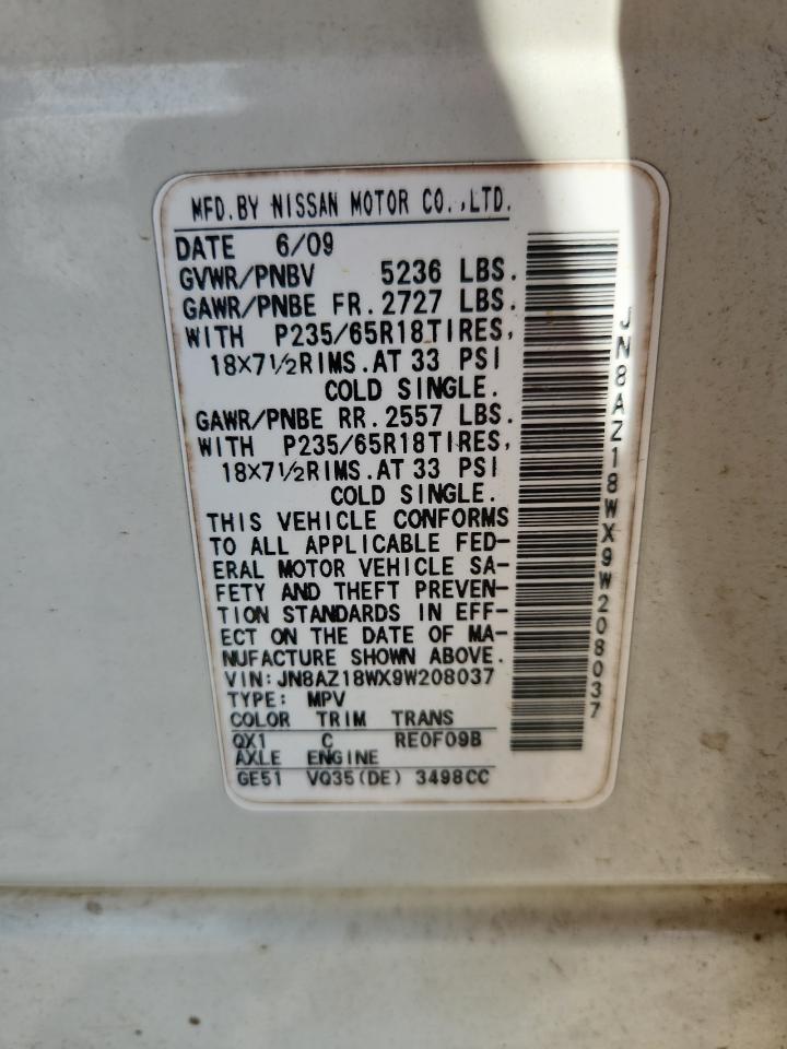 2009 Nissan Murano S VIN: JN8AZ18WX9W208037 Lot: 64664325