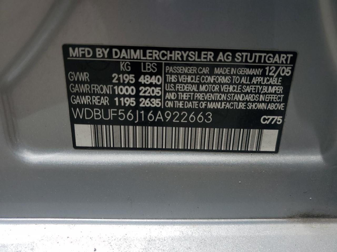 2006 Mercedes-Benz E 350 VIN: WDBUF56J16A922663 Lot: 64240365
