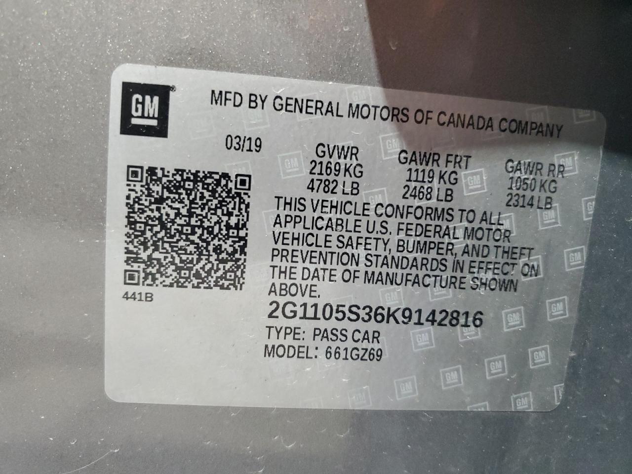 2019 Chevrolet Impala Premier VIN: 2G1105S36K9142816 Lot: 63528385