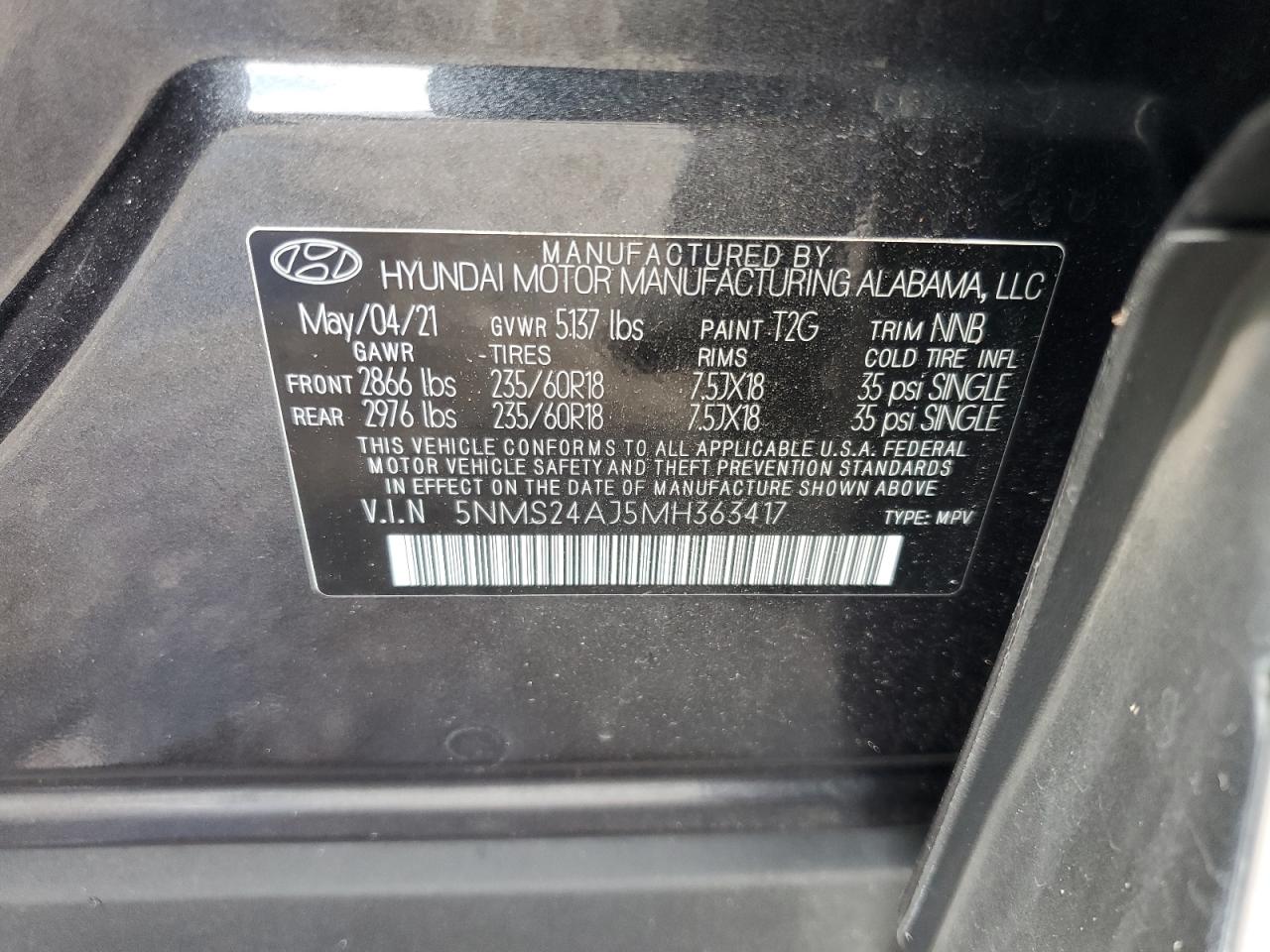 2021 Hyundai Santa Fe Sel VIN: 5NMS24AJ5MH363417 Lot: 63826875