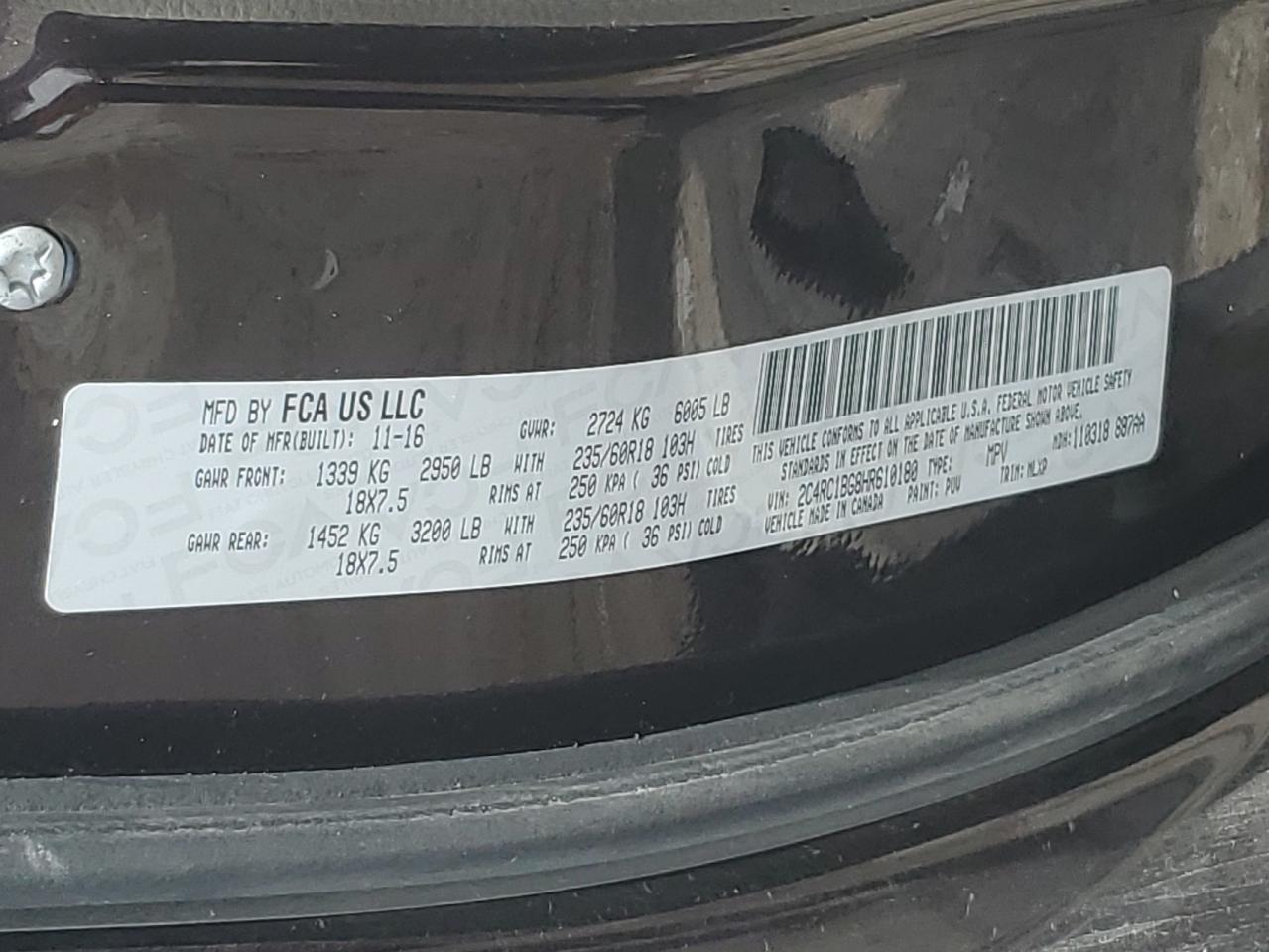 2017 Chrysler Pacifica Touring L VIN: 2C4RC1BG8HR610180 Lot: 66559245