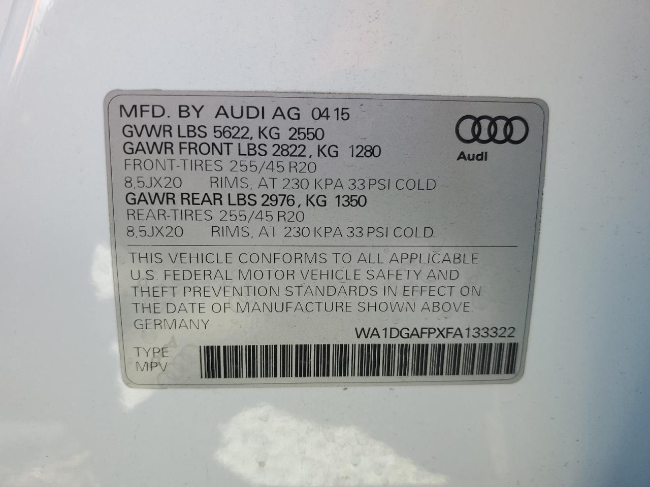 2015 Audi Q5 Premium Plus VIN: WA1DGAFPXFA133322 Lot: 63708085