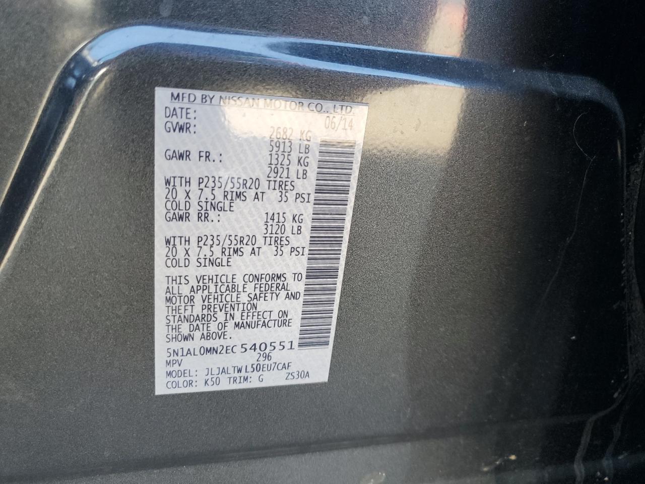 2014 Infiniti Qx60 VIN: 5N1AL0MN2EC540551 Lot: 63326045