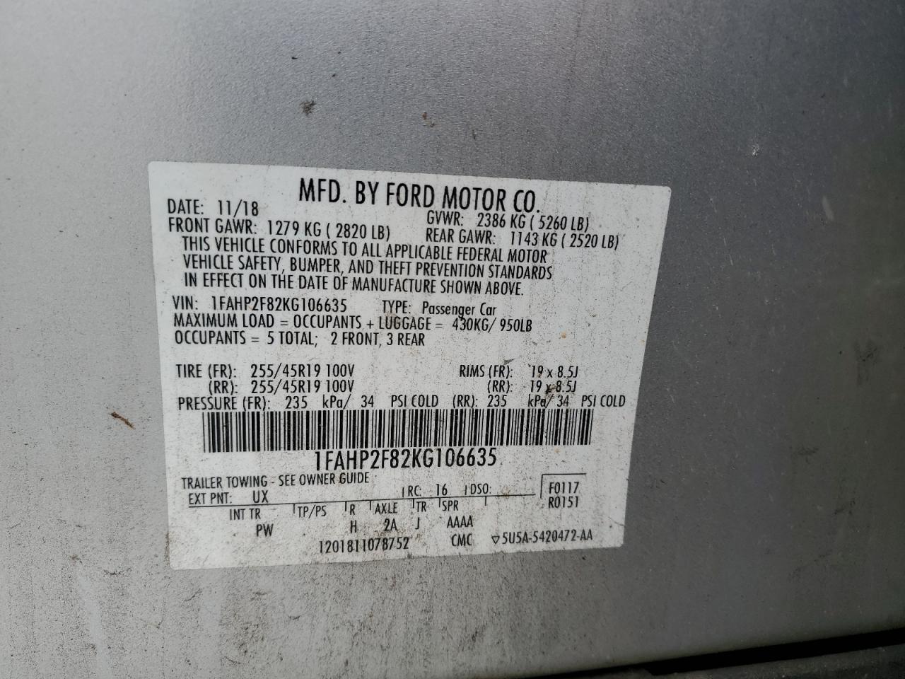 2019 Ford Taurus Limited VIN: 1FAHP2F82KG106635 Lot: 64014375