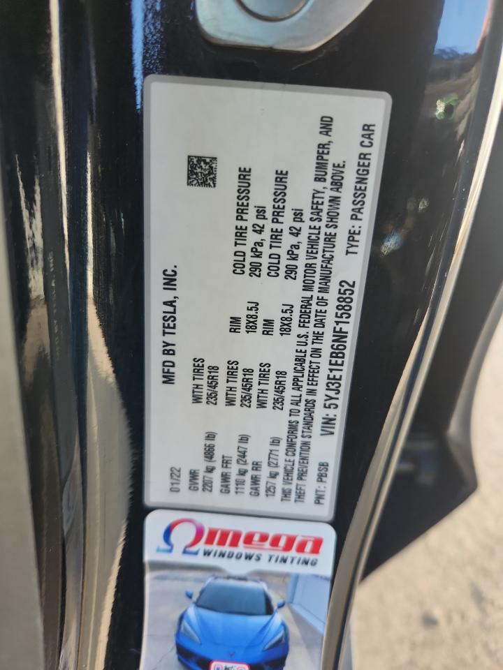 2022 Tesla Model 3 VIN: 5YJ3E1EB6NF158852 Lot: 64062665