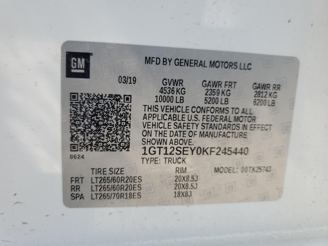 2019 GMC Sierra K2500 Denali VIN: 1GT12SEY0KF245440 Lot: 64581305