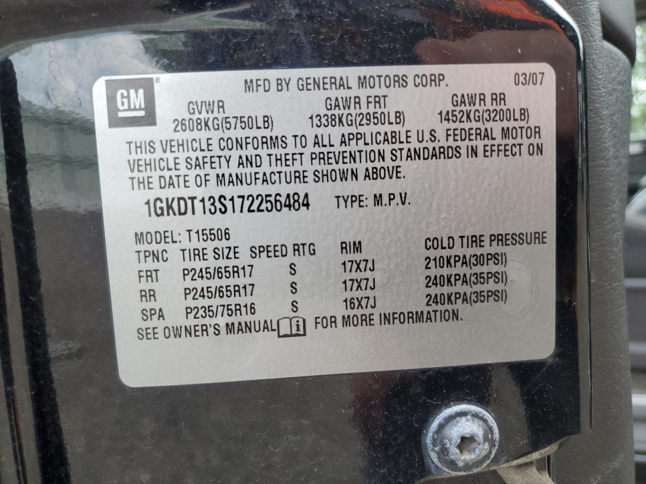 2007 GMC Envoy VIN: 1GKDT13S172256484 Lot: 65051115