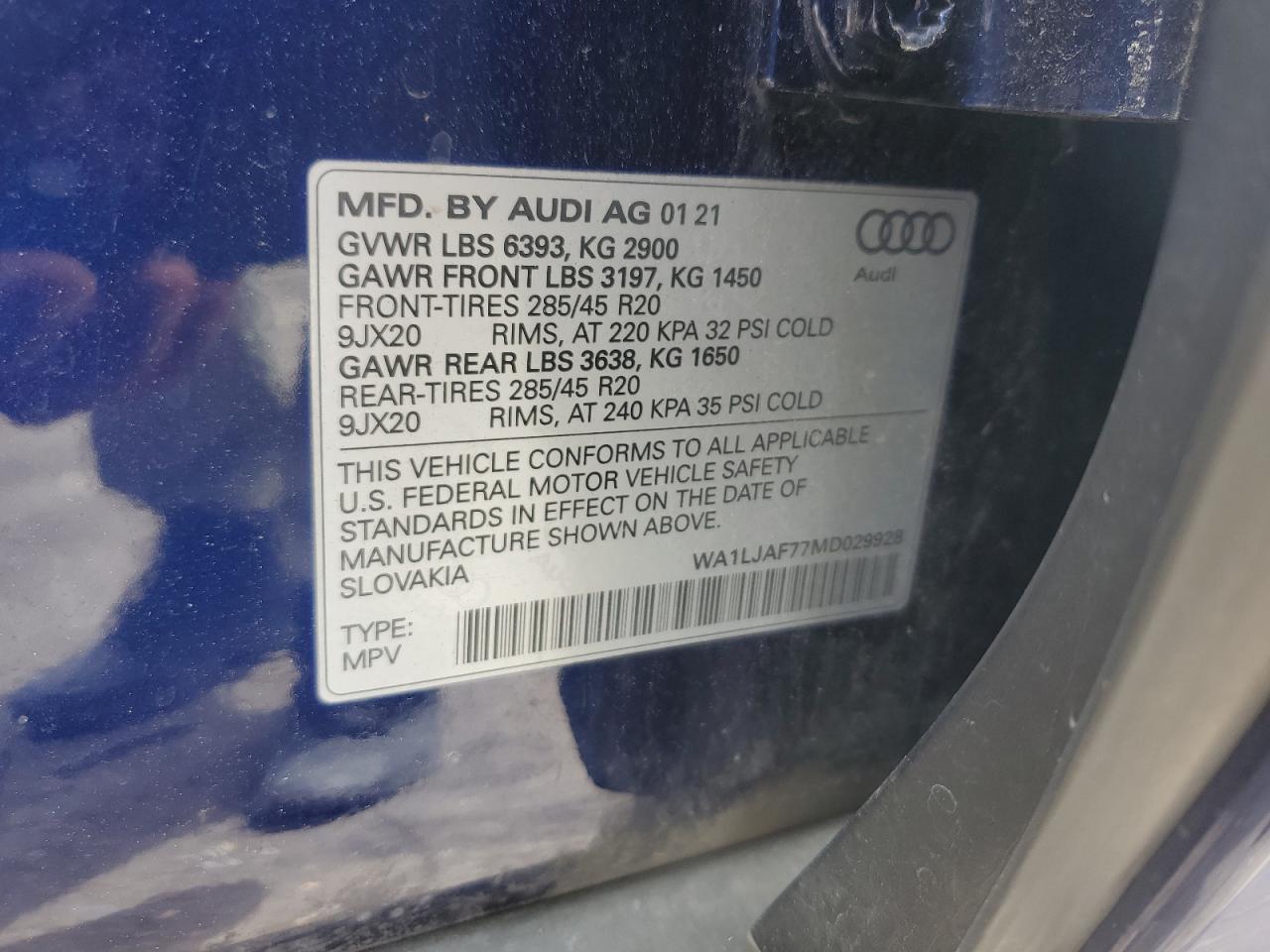2021 Audi Q7 Premium Plus VIN: WA1LJAF77MD029928 Lot: 65168495