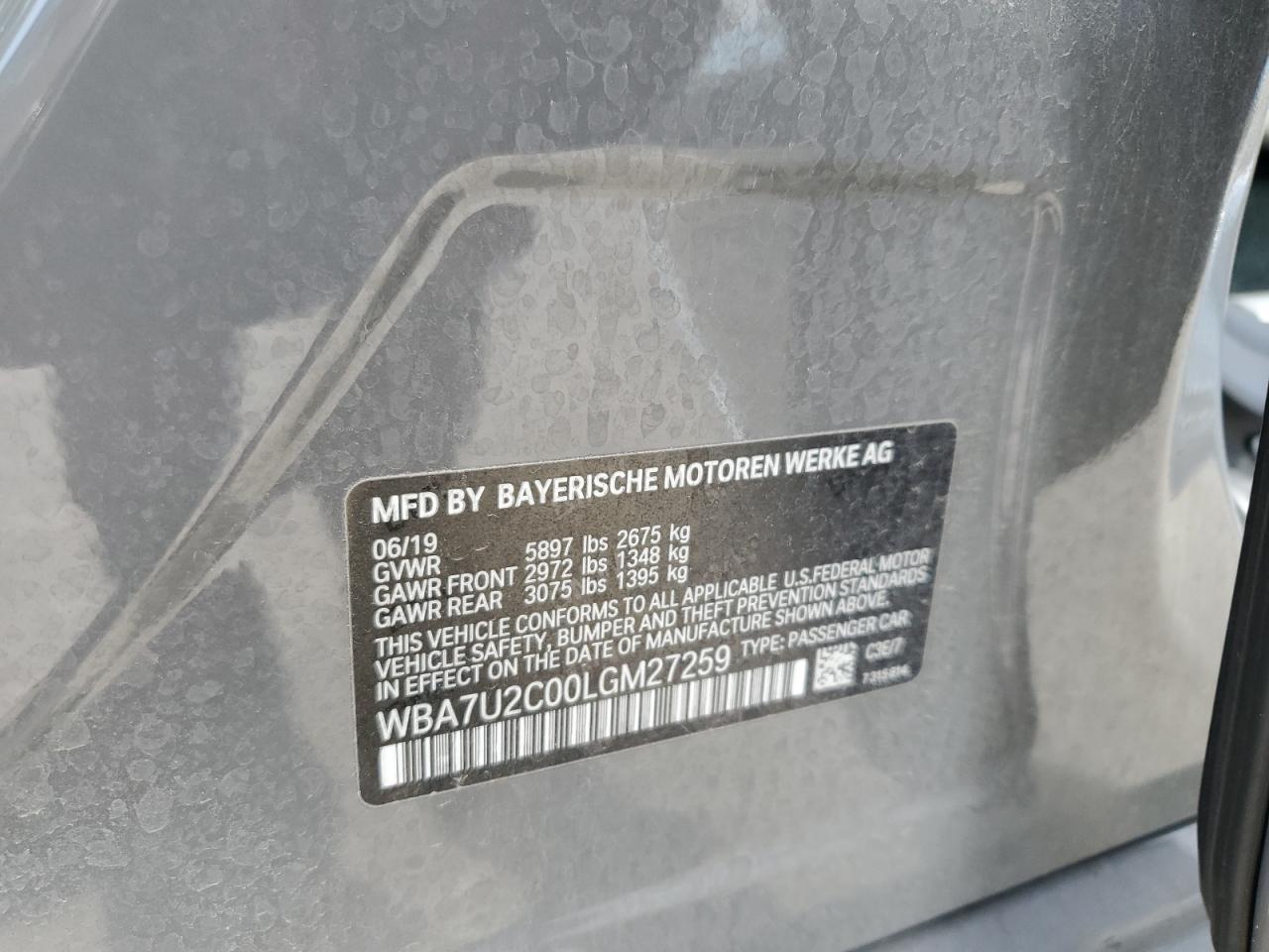 2020 BMW 750 Xi VIN: WBA7U2C00LGM27259 Lot: 63626135
