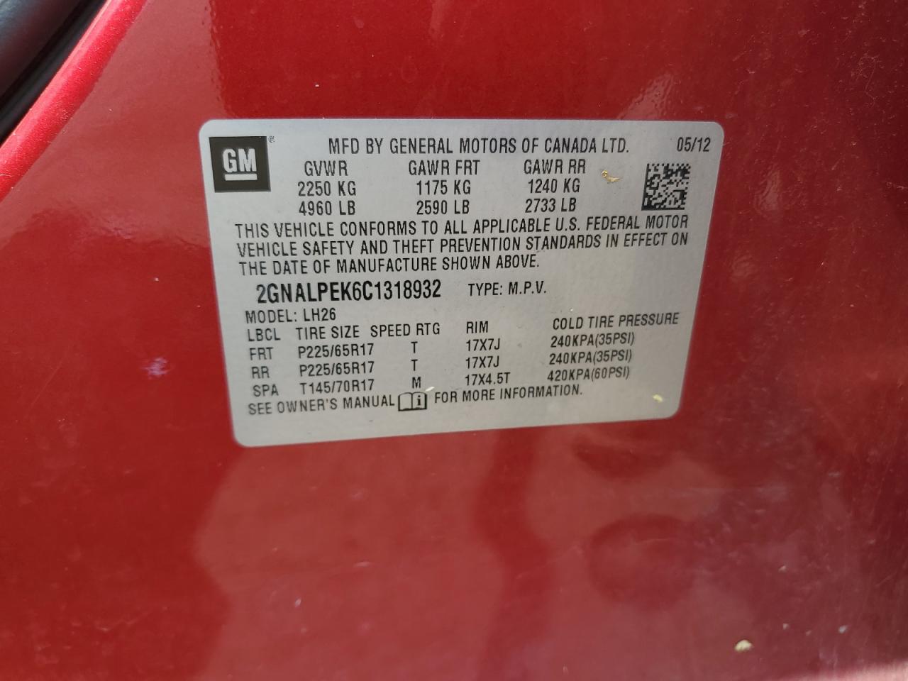 2012 Chevrolet Equinox Lt VIN: 2GNALPEK6C1318932 Lot: 64812855