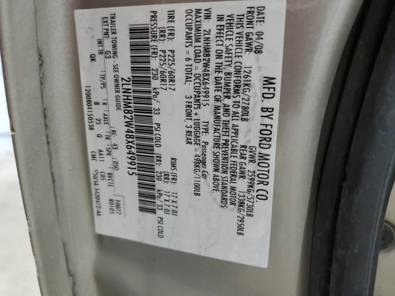 2008 Lincoln Town Car Signature Limited VIN: 2LNHM82W48X649915 Lot: 66138215