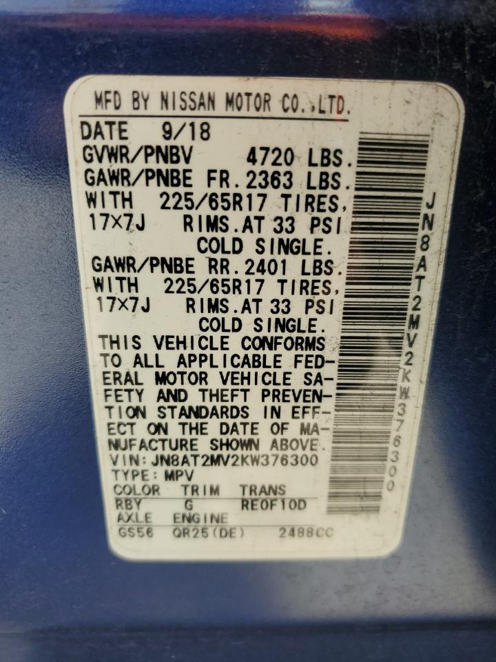 2019 Nissan Rogue S VIN: JN8AT2MV2KW376300 Lot: 63932065
