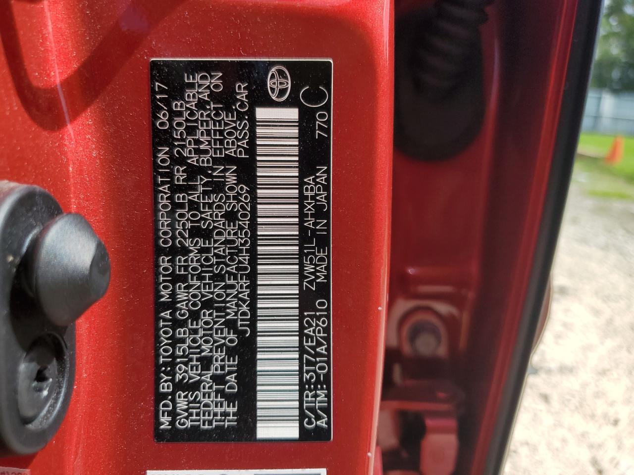 2017 Toyota Prius VIN: JTDKARFU4H3540269 Lot: 65165815