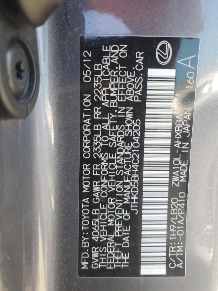 2012 Lexus Ct 200 VIN: JTHKD5BH4C2104205 Lot: 62998875