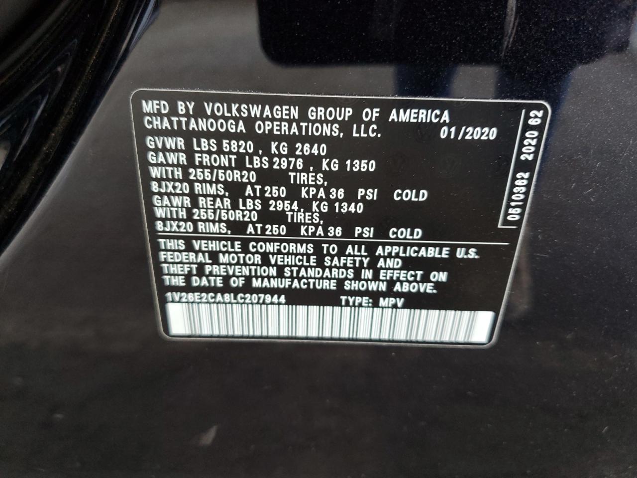 2020 Volkswagen Atlas Cross Sport Se VIN: 1V26E2CA8LC207944 Lot: 64787625