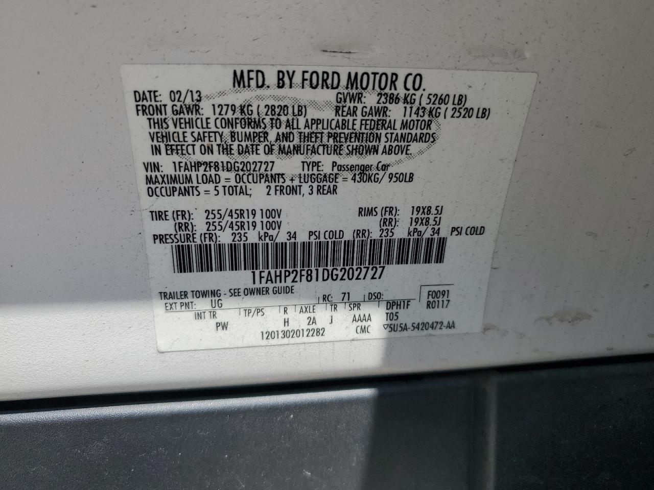 2013 Ford Taurus Limited VIN: 1FAHP2F81DG202727 Lot: 62662455