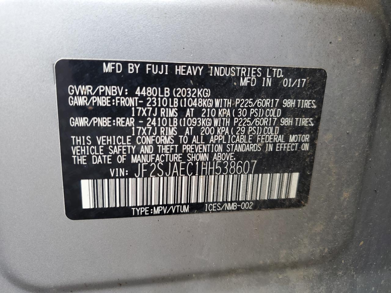 2017 Subaru Forester 2.5I Premium VIN: JF2SJAEC1HH538607 Lot: 63203205