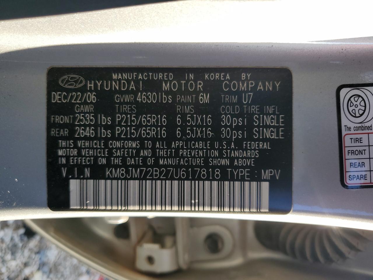 2007 Hyundai Tucson Gls VIN: KM8JM72B27U617818 Lot: 64369785