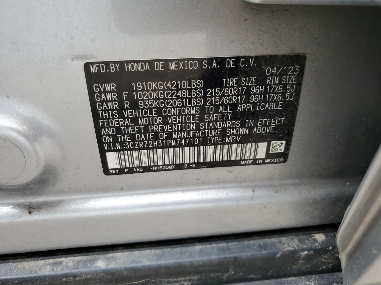 3CZRZ2H31PM747101 2023 Honda Hr-V Lx