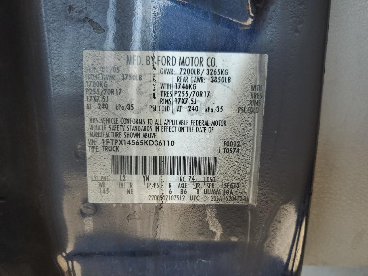 2005 Ford F150 VIN: 1FTPX14565KD36110 Lot: 65198855