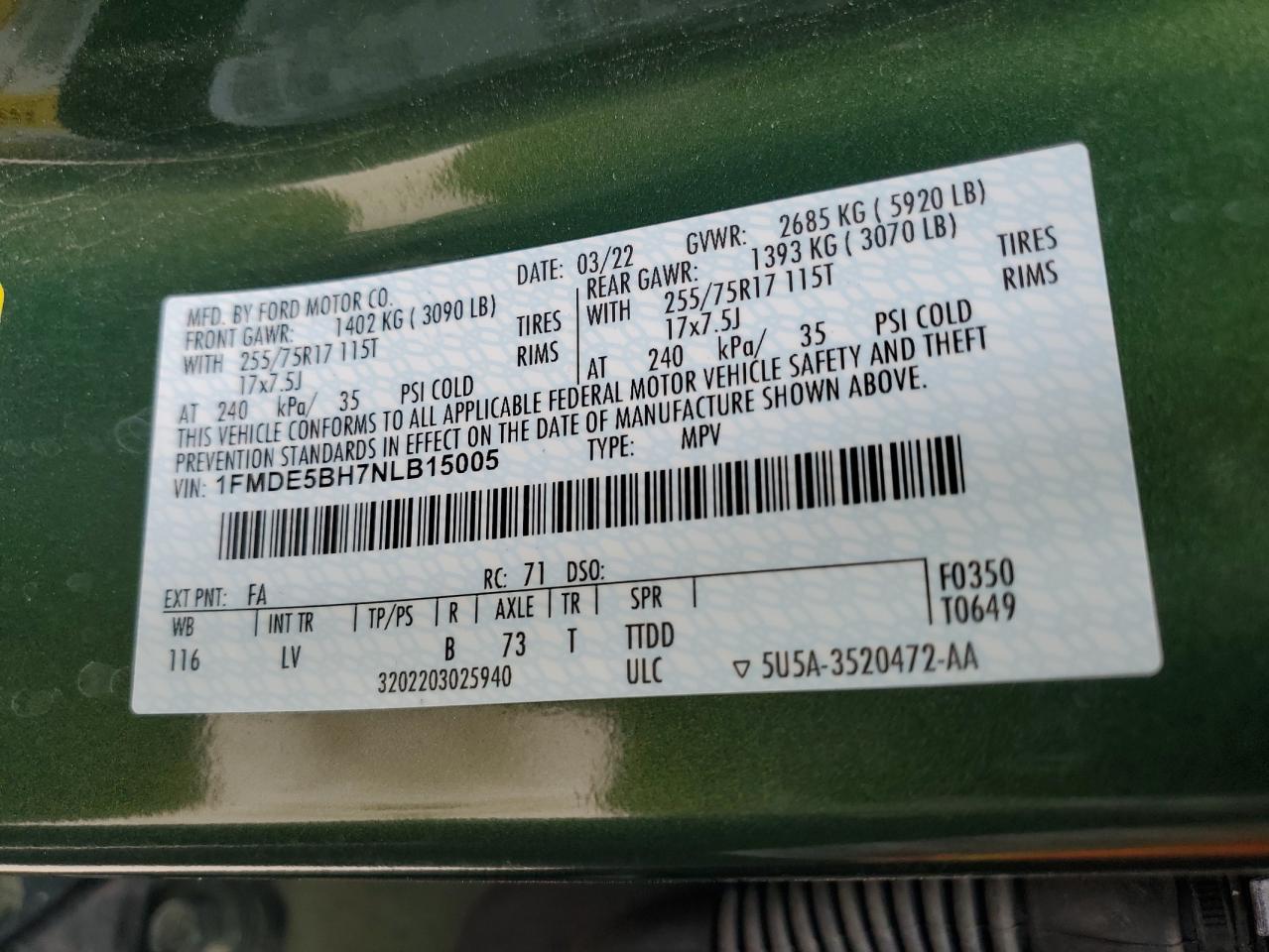 2022 Ford Bronco Base VIN: 1FMDE5BH7NLB15005 Lot: 65245515