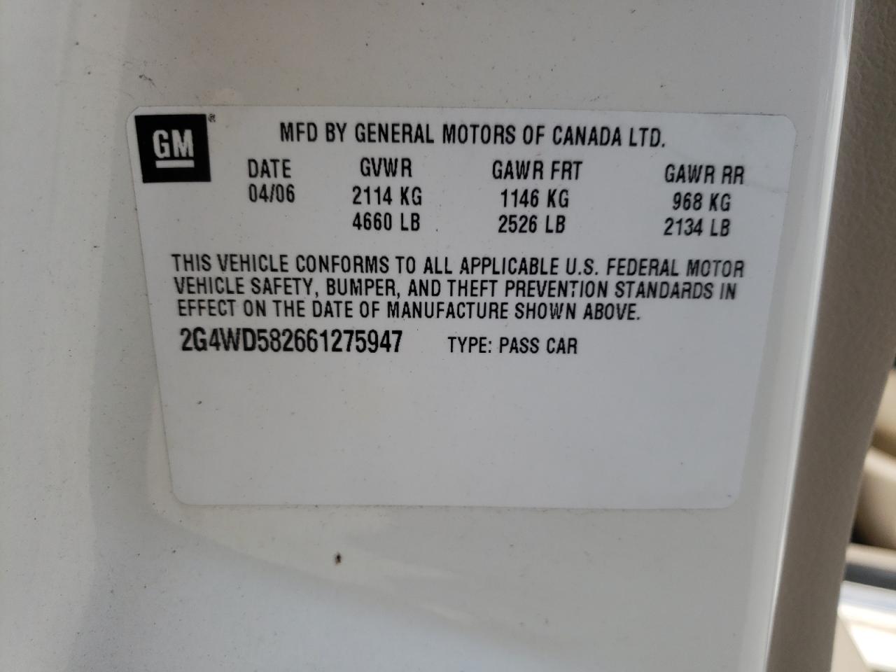 2006 Buick Lacrosse Cxl VIN: 2G4WD582661275947 Lot: 64359465