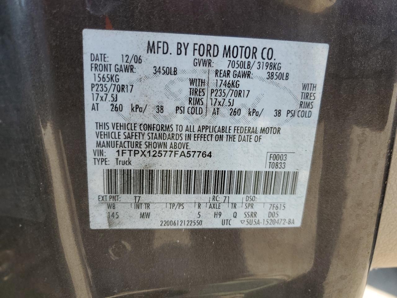 2007 Ford F150 VIN: 1FTPX12577FA57764 Lot: 64958145