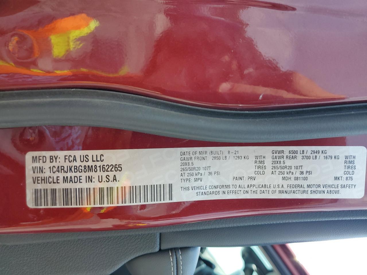 1c4rjkbg8m8162265 1C4RJKBG8M8162265 2021 Jeep Grand Cherokee L Limited