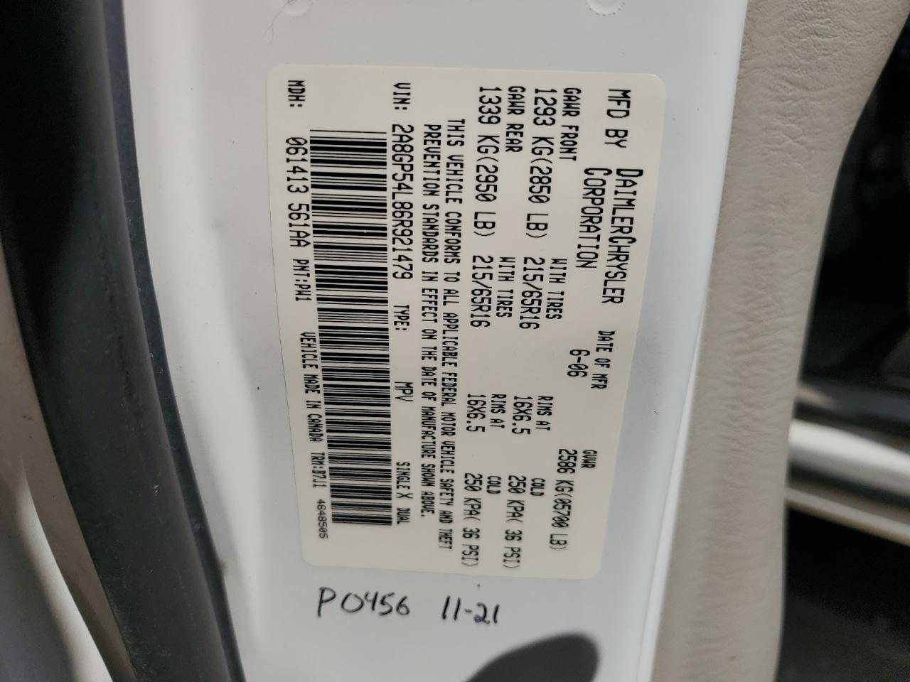 2006 Chrysler Town & Country Touring VIN: 2A8GP54L86R921479 Lot: 62995125
