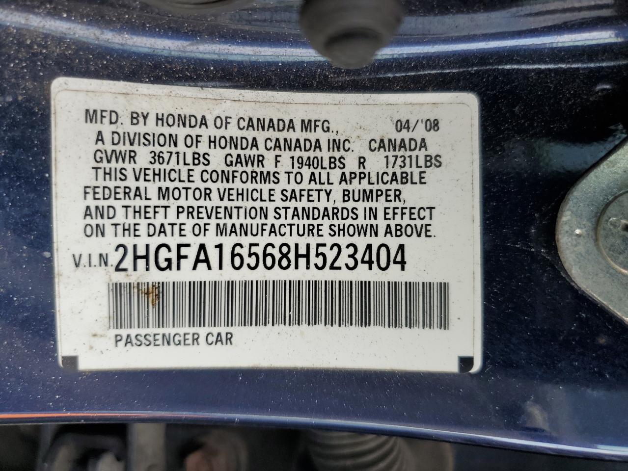2008 Honda Civic Lx VIN: 2HGFA16568H523404 Lot: 65343515