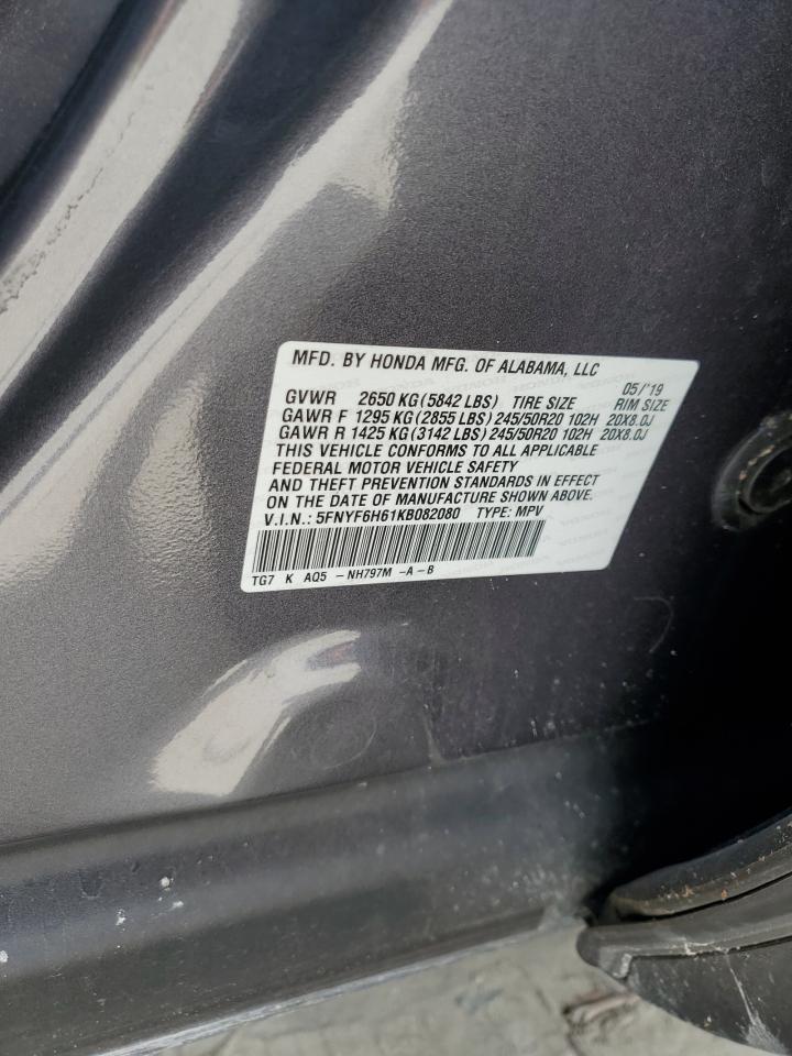 2019 Honda Pilot Touring VIN: 5FNYF6H61KB082080 Lot: 64541025