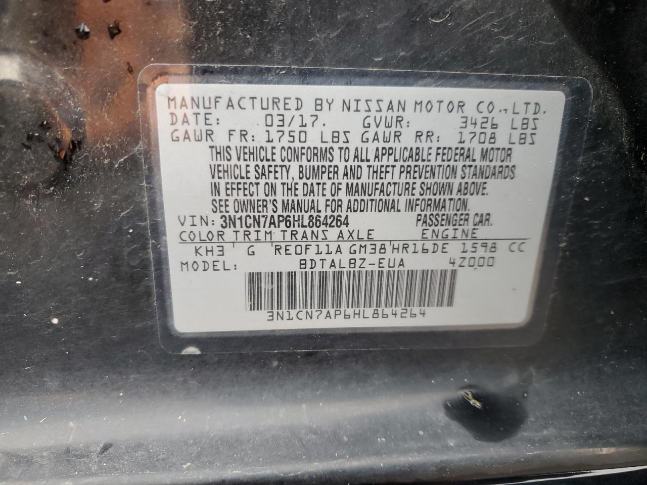 2017 Nissan Versa S VIN: 3N1CN7AP6HL864264 Lot: 64812555