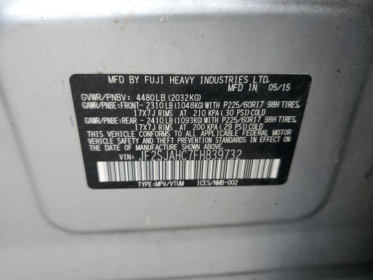 2015 Subaru Forester 2.5I Limited VIN: JF2SJAHC7FH839732 Lot: 66925315